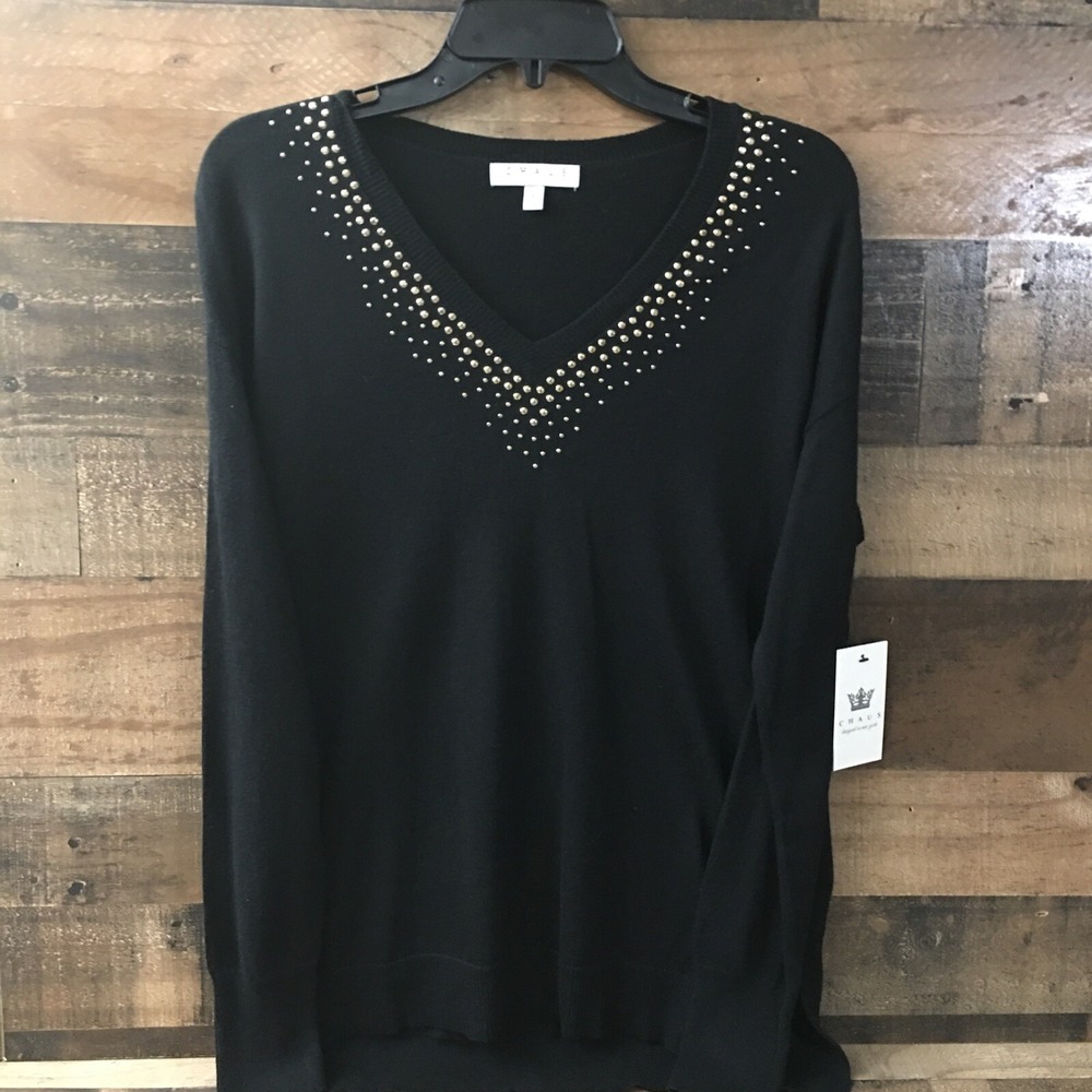NWT Chaus New York Women Beaded Sweater Top Small Black Minimalist Holiday